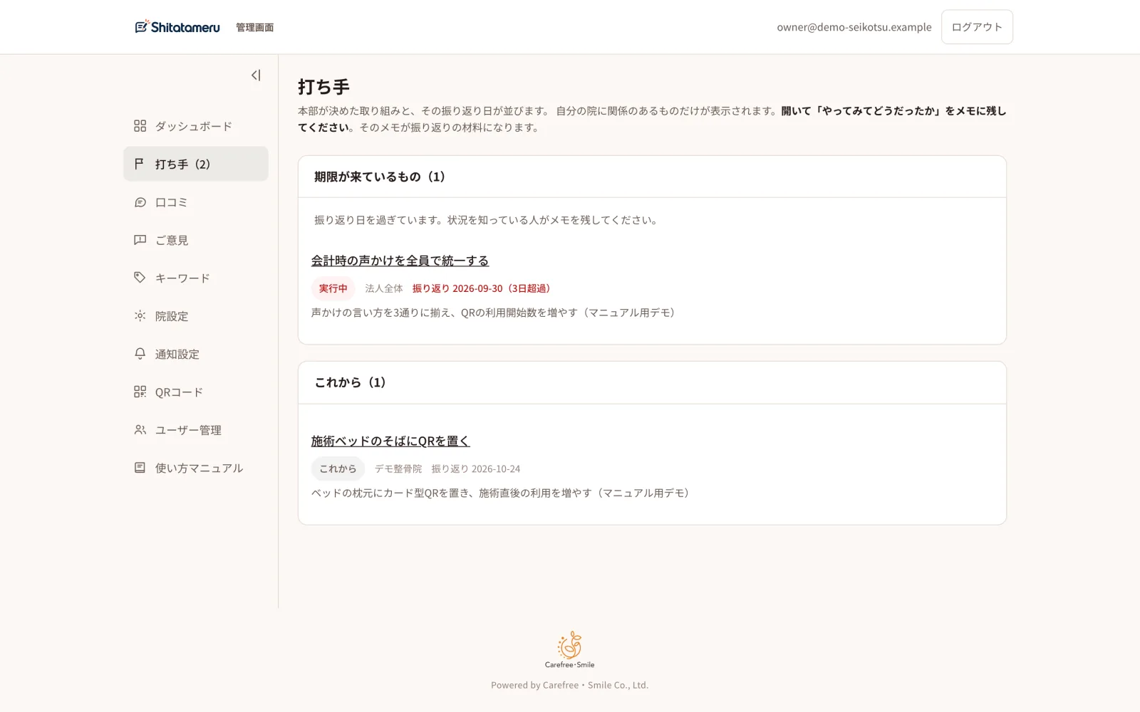打ち手の画面。本部が決めた取り組みと振り返りの日が並ぶ(ダミーデータ)
